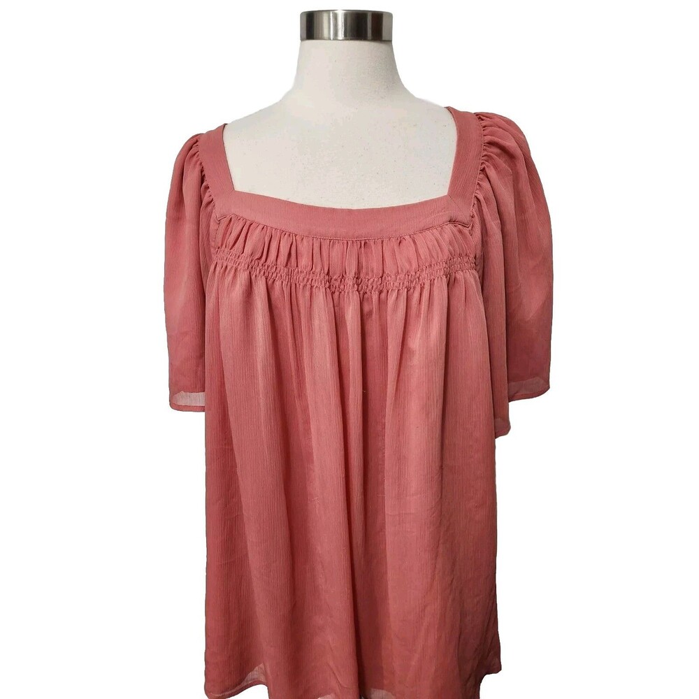 Evri Womens Top 4X Orange Smocked Square Neckline Lined Short Sleeve Chiffon